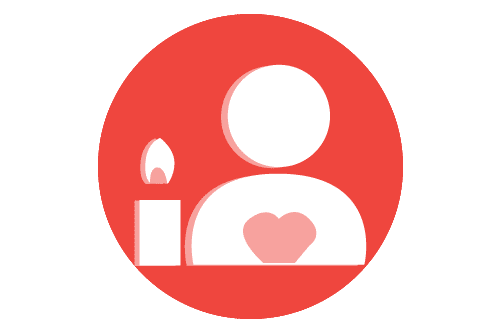 Logo punaisella pohjalla, jossa tyylitelty henkilöhahmo ja kynttilä.