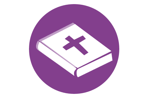 Logo, jossa violetilla taustalla raamattu