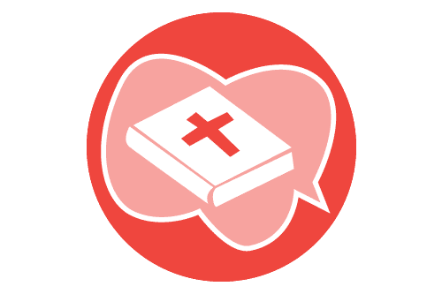 Logo punaisella pohjalla, jossa raamattu puhekuplan sisässä.