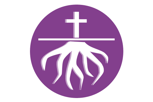 Logo, jossa risti, josta kasvaa juuret
