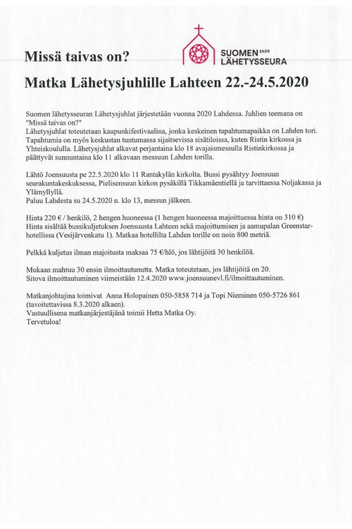 Matka Lähetysjuhlille Lahteen 22.-24.5.2020 Matka Lähetysjuhlille Lahteen 22.-24.5.2020
