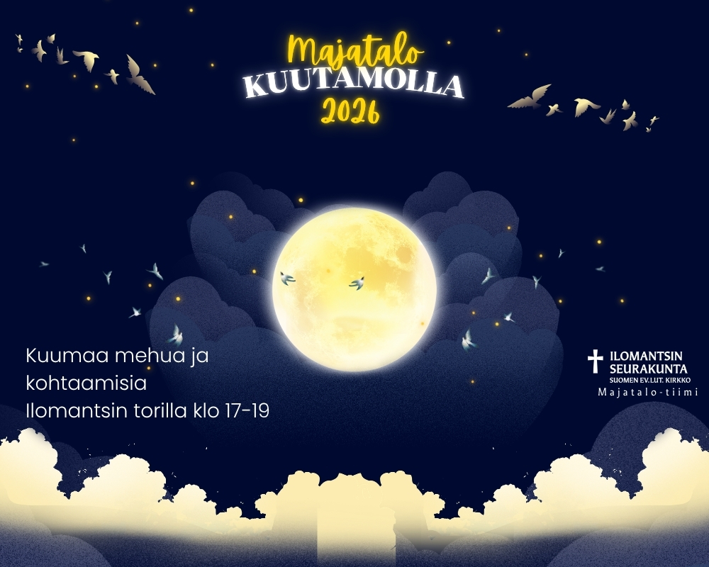 Kuva kuutamosta ja ja linnuista lentelemässä pilvissä