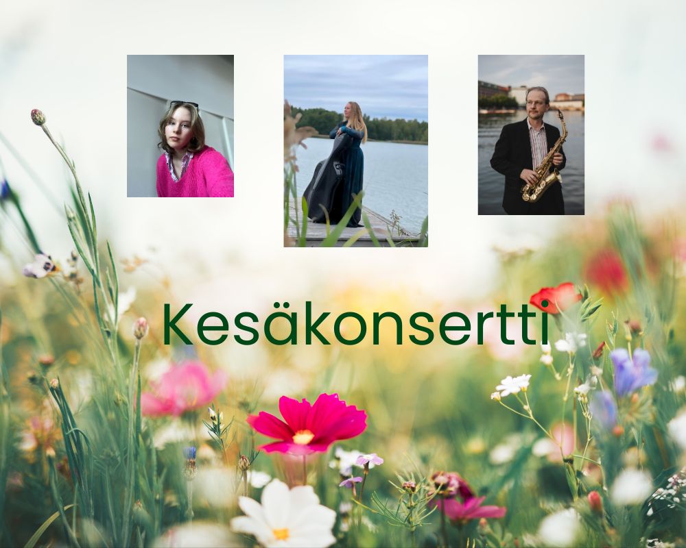 Kuva kesäisestä kukkakedosta ja konsertin esiintyjistä.