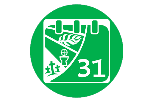 Logo, jossa vihreällä taustalla kalenteri ja kristillisiä symboleita (Golgata, ehtoollisvälineet, palmunoksa)